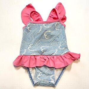 The Beaufort Bonnet Company Pink & Blue Wave One Piece Swimsuit Baby Girl 0-6 mo